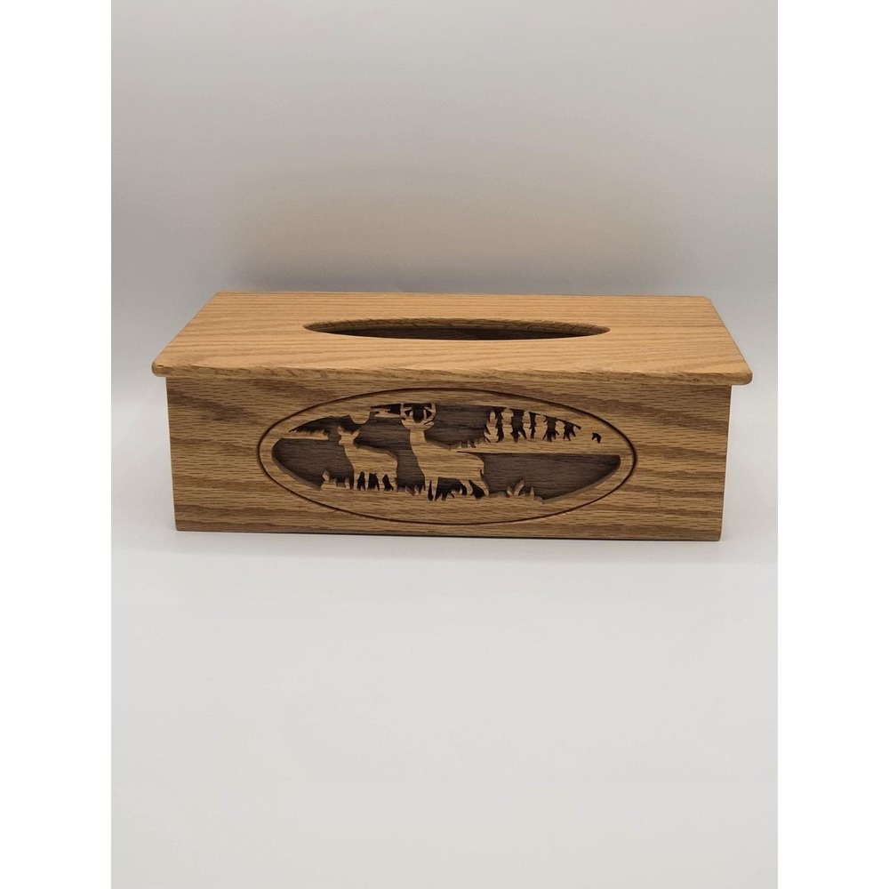 Oak Wood Tissue Box Cover Deer Wildlife Carved Panel Rustic Cabin Decor